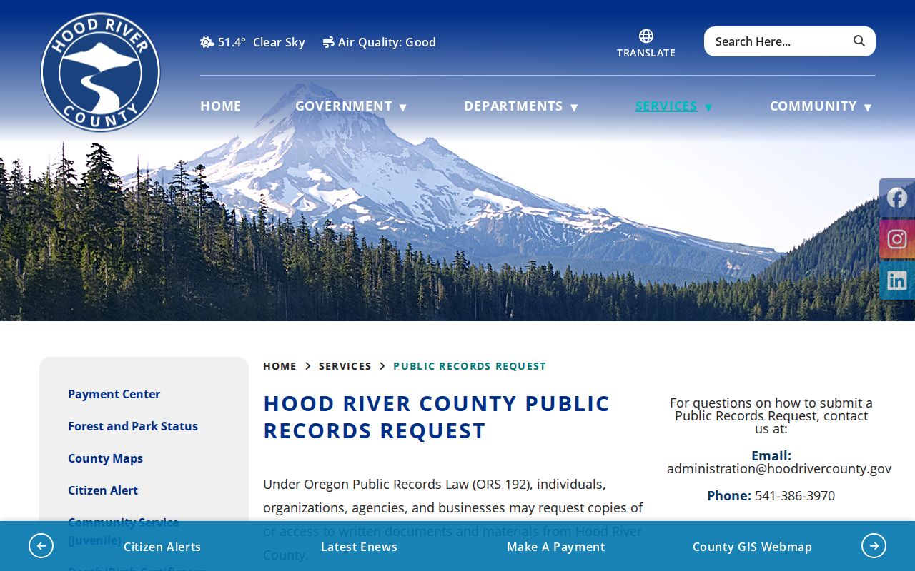 Cascade Locks public criminal records request channel