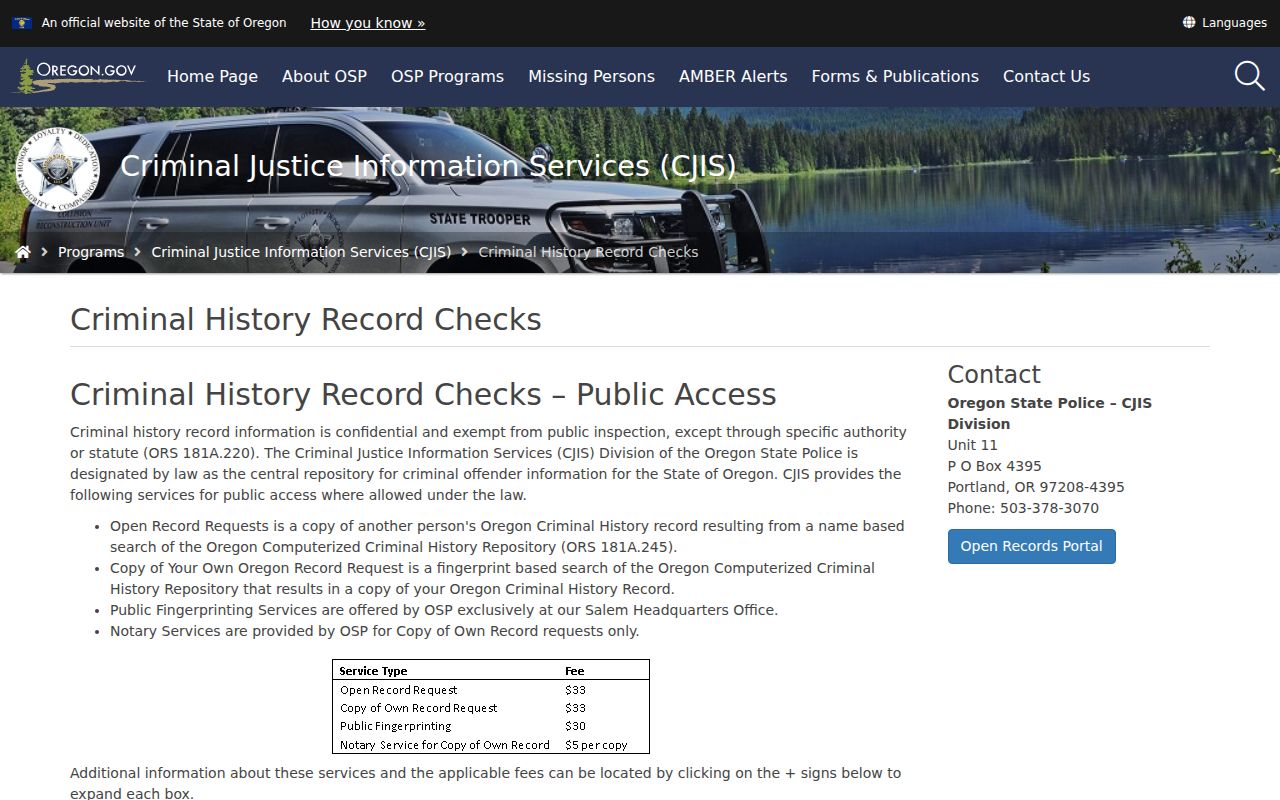 Hood River County criminal history options on the Oregon State Police page