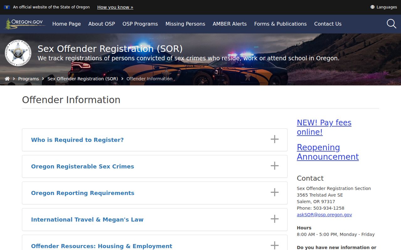 Oregon State Police sex offender registration duties and reporting information