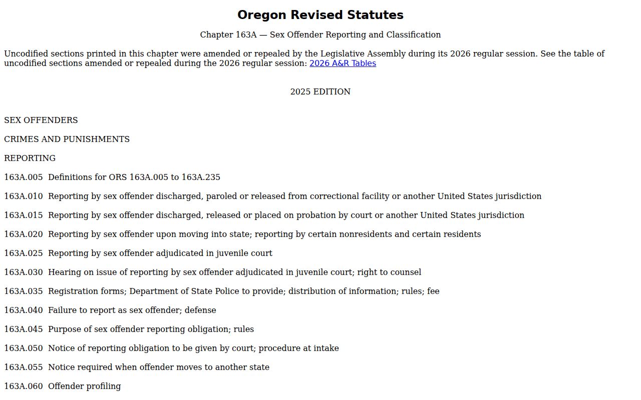 Oregon Revised Statutes chapter 163A sex offender registration law